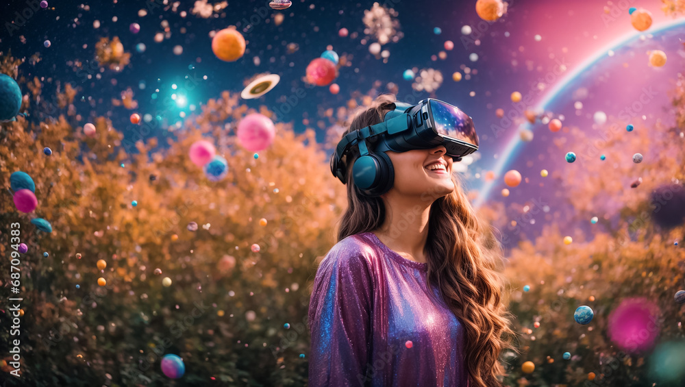 Beautiful happy girl smiling in virtual reality glasses background Beautiful happy girl smiling in virtual reality glasses background