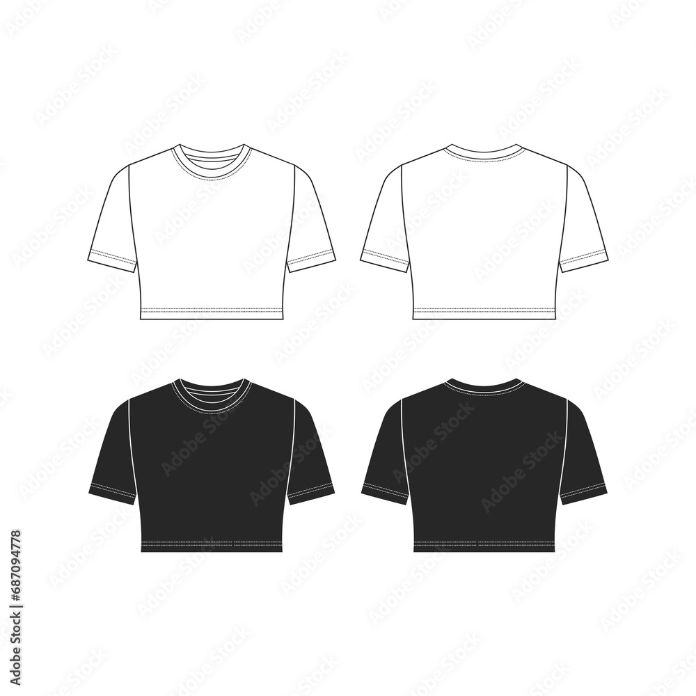 Crew neck crop top women's t-shirt template drawing, basic t-shirt drawing, White Background - obrazy, fototapety, plakaty 