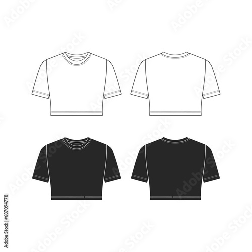 Crew neck crop top women's t-shirt template drawing, basic t-shirt drawing, White Background photo
