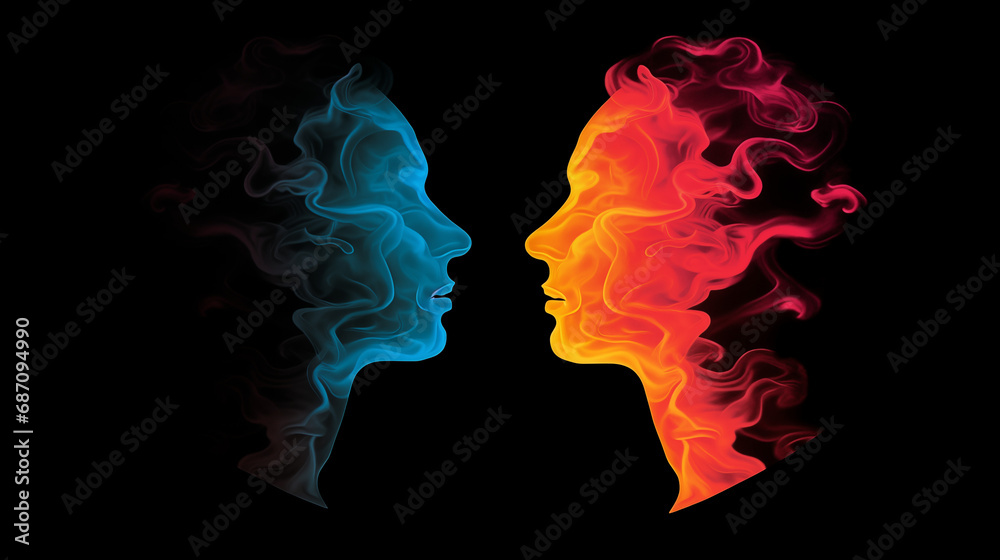 Silhouette of two human heads in profile. Mental health concept. Colorful abstract smoke. Vector illustration. Black background. - obrazy, fototapety, plakaty 