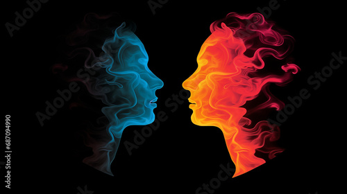 Silhouette of two human heads in profile. Mental health concept. Colorful abstract smoke. Vector illustration. Black background.