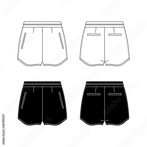 Unisex sweat Shorts technical fashion illustration. Short Pants fashion flat template, elastic waist, front and back, white colour. Sportswear unisex CAD mock-up.