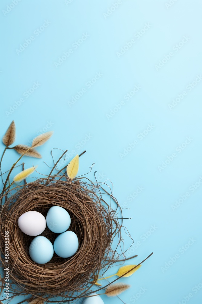 Easter eggs in a nest on a blue background Easter eggs in a nest on a blue background
