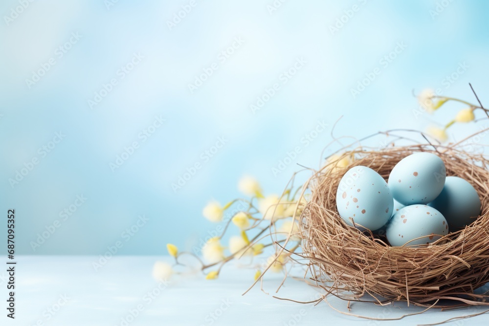 Easter eggs in a nest on a blue background Easter eggs in a nest on a blue background