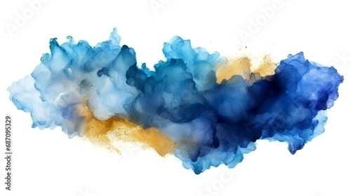 Blue and yellow powder explosion isolated on a white background. Colorful cloud.