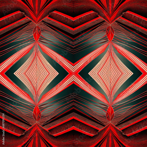 Diseño abstracto, patrón sin costuras en tonos rojo y verde .Simétrico 