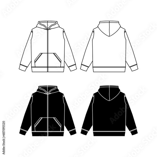 Zip up hoodie sweatshirt flat technical drawing illustration mock-up template for design and tech packs men or unisex fashion CAD streetwear