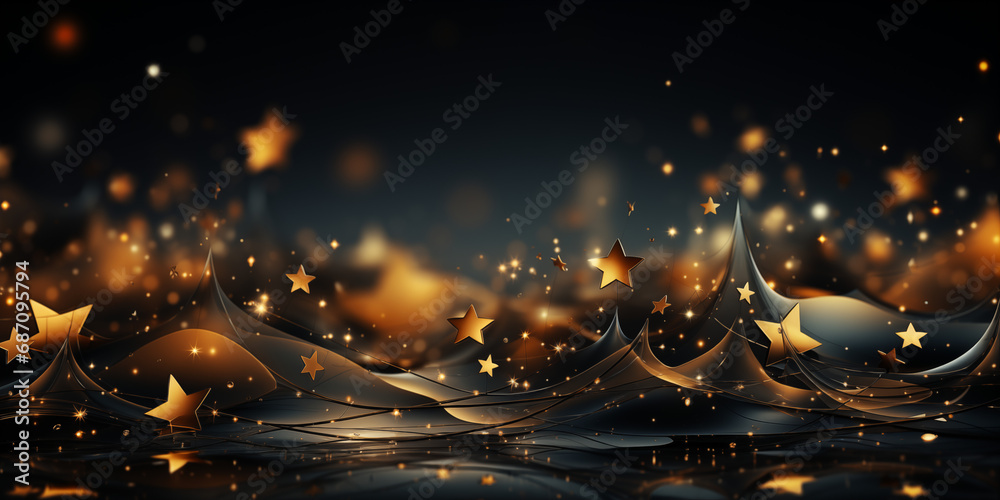 Weihnachtsmotiv in schwarz mit goldenen Sternen als Hintergrundmotiv für Webdesign im Querformat für Banner, ai generativ