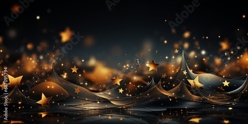 Weihnachtsmotiv in schwarz mit goldenen Sternen als Hintergrundmotiv für Webdesign im Querformat für Banner, ai generativ