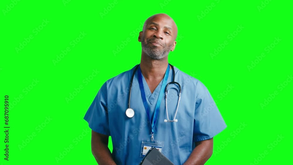 Studio portrait of smiling mature male doctor or nurse wearing scrubs with digital tablet against green screen - shot in slow motion Studio portrait of smiling mature male doctor or nurse wearing scrubs with digital tablet against green screen - shot in slow motion
