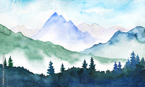 Watercolor illustration of foggy mountains peaks and spruce trees, distant hills and rocks, misty nature illustration