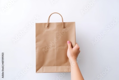 Close up female holds in hand brown paper bag mockup, Packaging template mock up. Delivery service concept. Copy space.