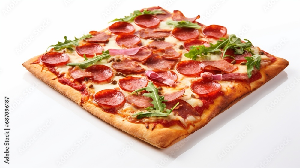 a square pizza, its neatly cut edges and balanced ingredients forming a delicious and aesthetically pleasing culinary creation against a clean white backdrop.