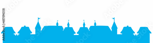 Medieval town, group ancient houses with turrets, blue silhouette of city, vector banner
