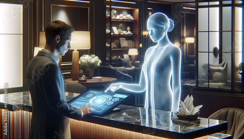 A man checks in at a hotel desk which is maned by a female hologram receptionist and a touch screen.