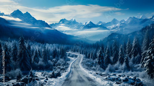A snow-covered road in the middle of the forest surrounded by mountains with a winter atmosphere