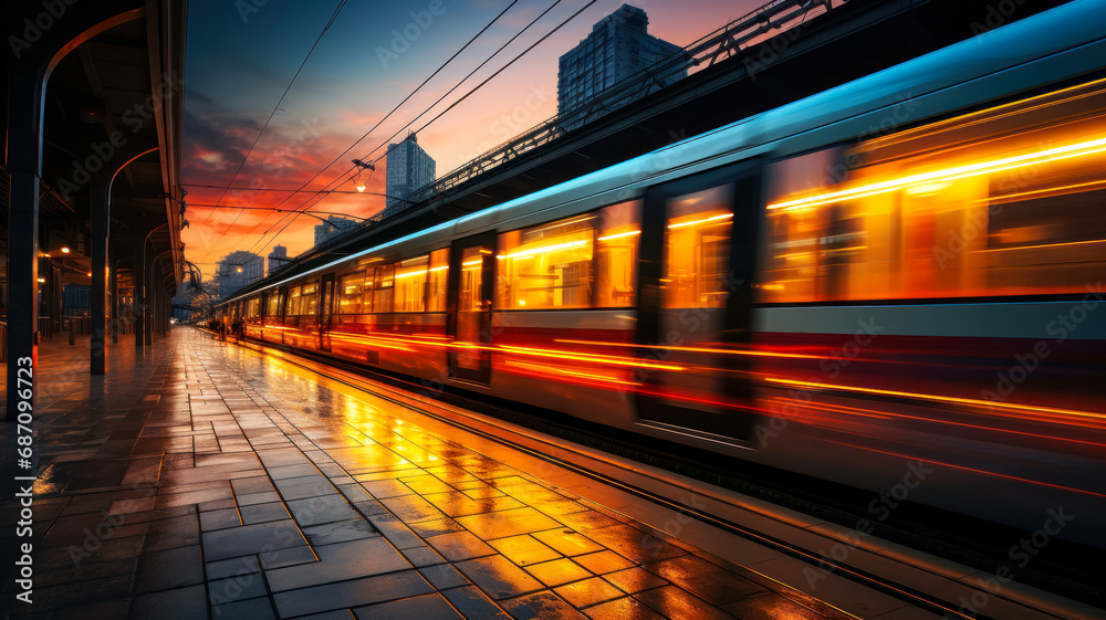 High-speed train passing through an empty station in the early morning, blur in the movement of the train, development of modern transport in the urban environment of the city, concept for advertising