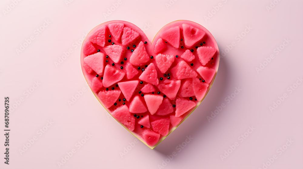 Heart shaped watermelon pieces, Fruity watermelon love motif, isolated on pastel background. Heart shaped watermelon pieces, Fruity watermelon love motif, isolated on pastel background.