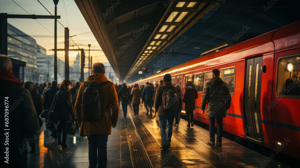 Fototapeta premium Perspective shot from the platform, passengers walking along the platform after arriving on a commuter high-speed train, concept of convenient urban transport