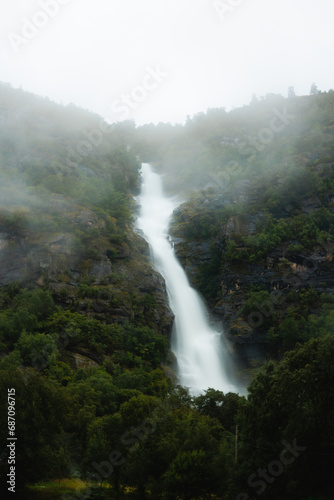 Waterfall in the fog in Norway