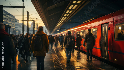 Perspective shot from the platform, passengers walking along the platform after arriving on a commuter high-speed train, concept of convenient urban transport