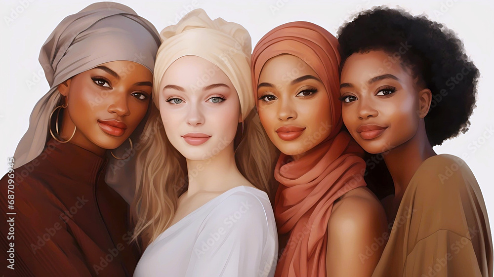 illistration of the Four women of different nationalities and cultures standing together, Intercultural Relations, cross-cultural communication, Interethnic Communication