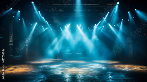 Mysterious empty stage with dramatic blue lights and smoke, spotlight on the shiny floor, ready for performance or presentation in dark ambiance photo