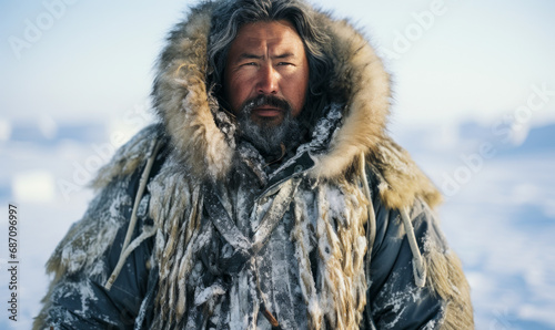 Indigenous Arctic explorer in traditional fur clothing stands against a vast snowscape, embodying the enduring human spirit in extreme conditions