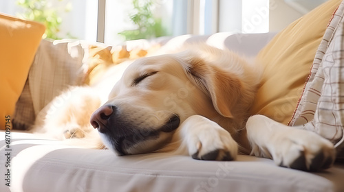 The dog sleeps on the couch in the apartment