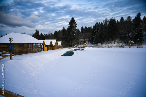Mountain village in the Ukrainian Carpathians next to the river, winter landscape © glebantiy
