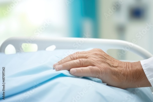 Focus on the hand of a patient on hospital bad. Selective focus, healthcare, and health insurance concept. hand in clinic bad.