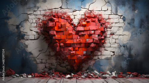 Heart isolated against a brick wall background, crumbling bricks, heart supporting the wall. Love concept with a brick crumbling wall. photo