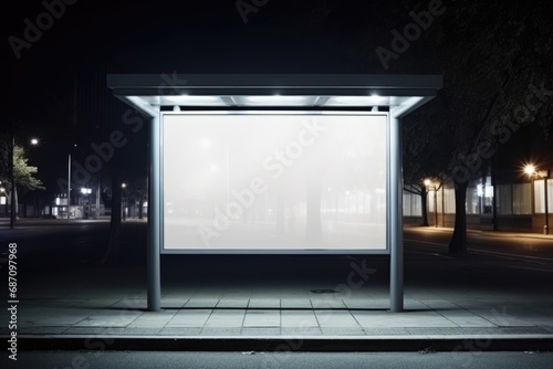 Illuminated blank billboard with copy space. Empty white blank street billboard at night. Blank billboard mockup on the street