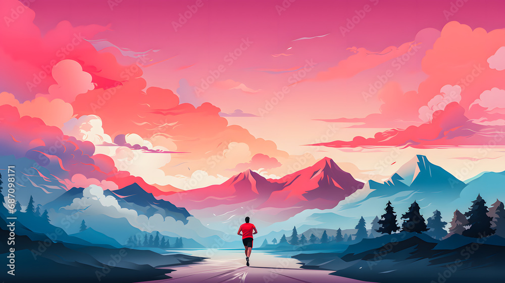 Silhouette of a man running towards the mountains. Surrounded by a beautiful colorful landscape