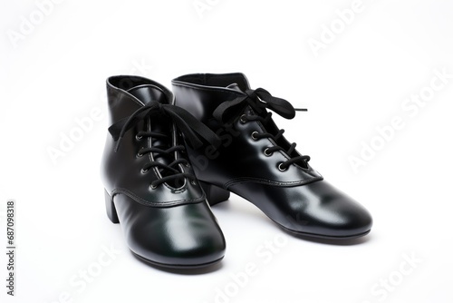 Irish dancer feet in black shoes on white background. traditional hard shoes.