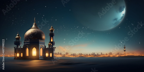 A mosque in a dark scene with a blue background,Midnight Oasis: A Mosque Awash in the Calming Glow of Blue