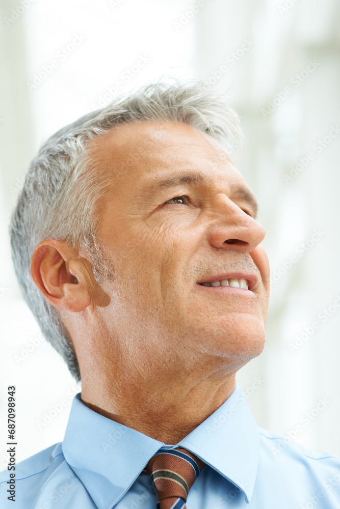 Fototapeta premium Businessman, thinking and confident for corporate future, company success or employee growth idea. Male person, mature manager and thoughts of office work vision or professional, planning or mission