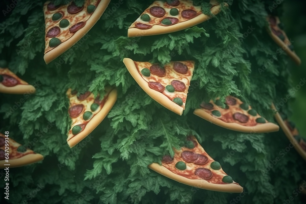 Fototapeta premium Fantastical tree bearing pizza slices, blending culinary delight with nature's whimsy. A surreal fusion of food and fantasy, image sparks joy with its playful and extraordinary combination.