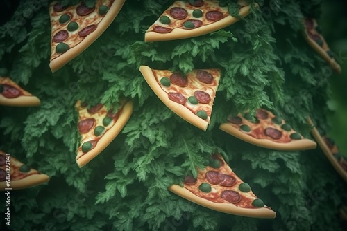 Fantastical tree bearing pizza slices, blending culinary delight with nature's whimsy. A surreal fusion of food and fantasy, image sparks joy with its playful and extraordinary combination. photo