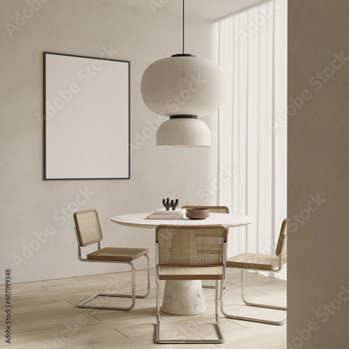 Modern japandi dining room design with table , chairs , pendant light and empty poster frame , mock up , 3d rendering  photo
