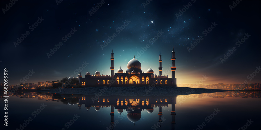 A dark photo of a mosque with a full moon in the background,Midnight Serenity: Mosque Graced by the Glow of the Full Moon