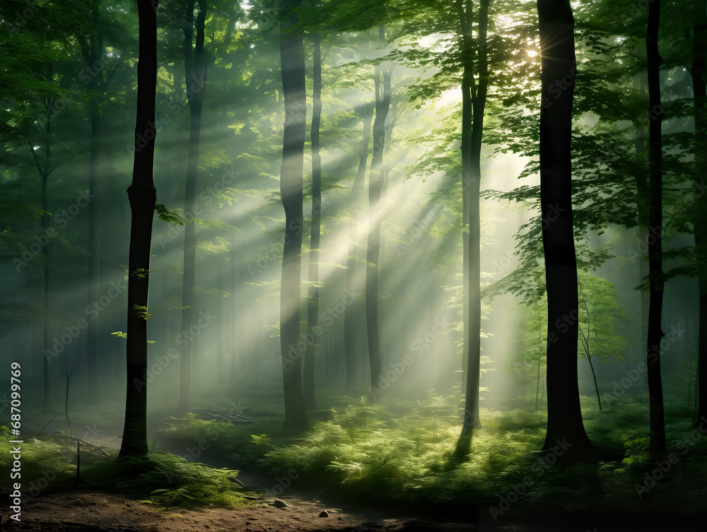 Sunlight shining in the forest, bright sun rays at the wild summer woodland