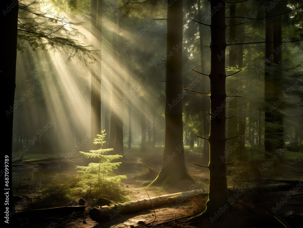 Sunlight shining in the forest, bright sun rays at the wild summer woodland