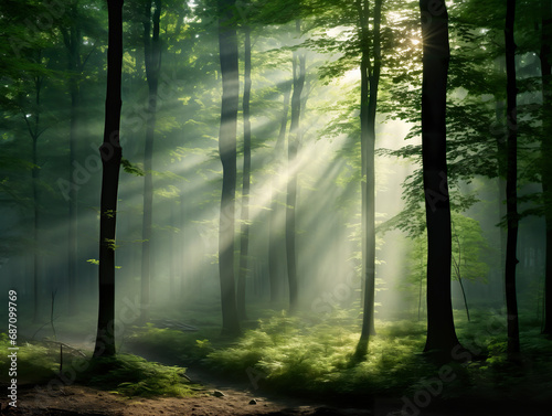 Sunlight shining in the forest  bright sun rays at the wild summer woodland