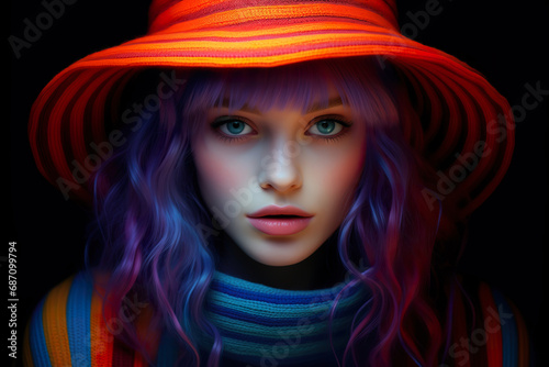 Gorgeous female portrait. Striped hat and jersey bold colors