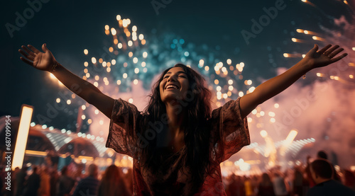 A woman at a festival with an open arms that is enjoys for the fireworks