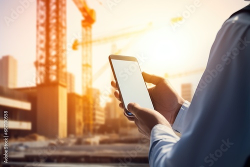 Phone and hands of person on construction background. Construction engineers are using tablet. Construction worker with building plans and cellphone. photo