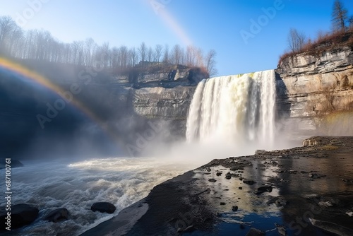 Shot of waterfall through a rainbow created by its own mist
