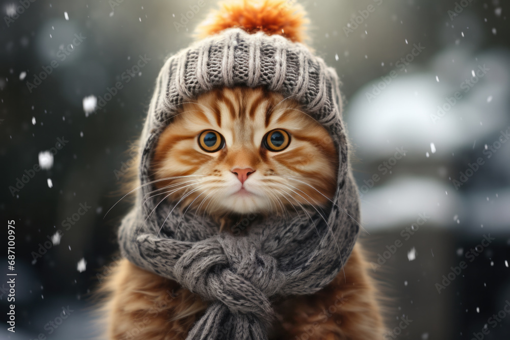 Cute cat in the snow, in a winter forest, wearing a hat and scarf. Space for text Cute cat in the snow, in a winter forest, wearing a hat and scarf. Space for text