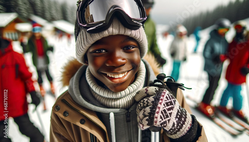 Preteen African boy skiing on a snowy ski slope during the school holidays.